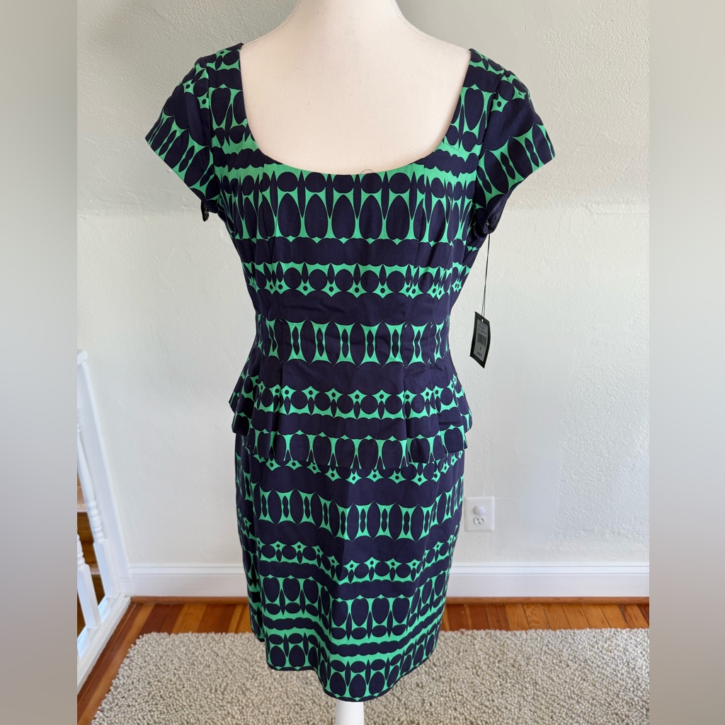 Nanette Lepore Navy And Green Geometric Scoop-Neck Midi Dress